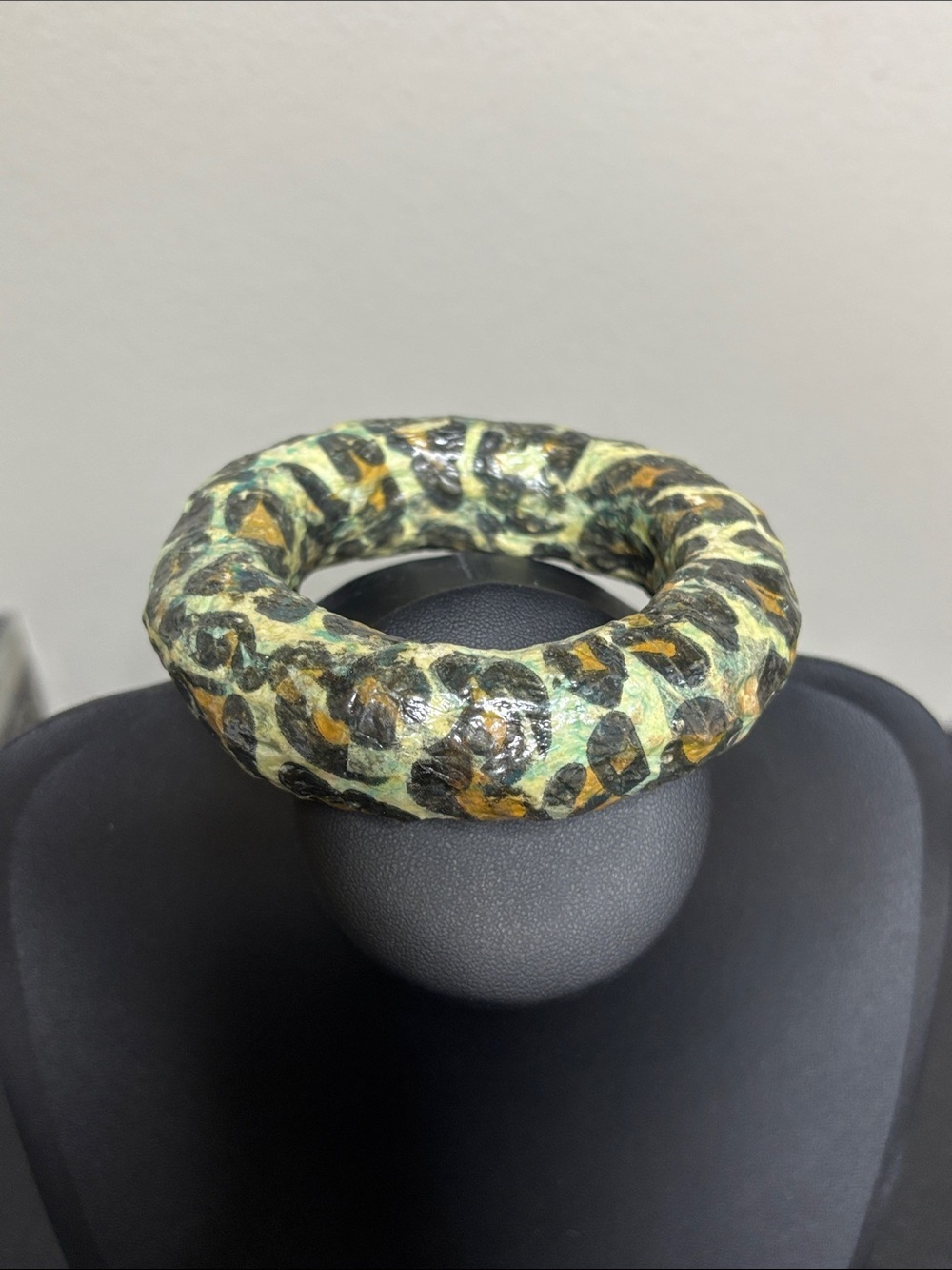 Paper Mache Chunky Leopard Print Bangle Bracelet in Green and Yellow